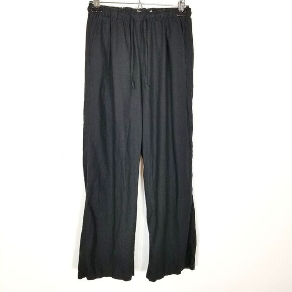 Bershka Women Linen Blend Wide Leg Pants Sz M Black Pull On Drawstring Beach - Picture 1 of 6